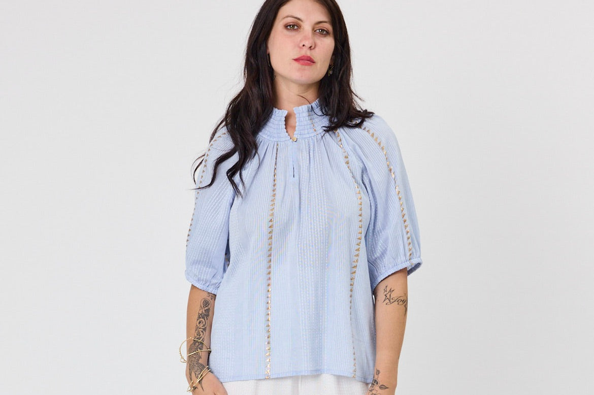 sky blue blouse with a relaxed fit, ideal for casual outings and stylish layering.