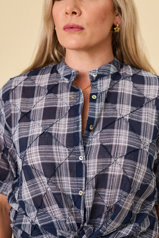 Florence swing shirt in indigo pin-tuck cotton with stand collar | Libertine The Label