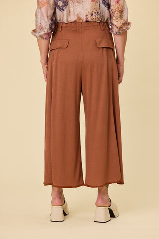 Voyager wide-leg pants in hazelnut stretch fabric with blanket stitch hem | Libertine The Label