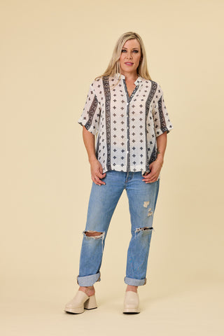 Florence swing shirt in white ramie with bold black print borders | Libertine The Label