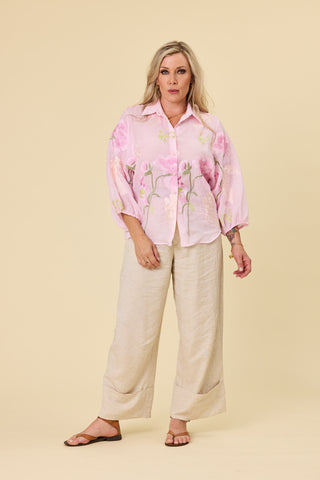 Belle Blouse in pink ramie with peony embroidery and balloon sleeves | Libertine The Label