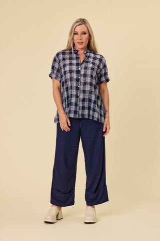 Florence swing shirt in indigo pin-tuck cotton with stand collar | Libertine The Label