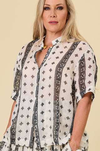 Florence swing shirt in white ramie with bold black print borders | Libertine The Label