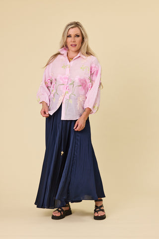 Belle Blouse in pink ramie with peony embroidery and balloon sleeves | Libertine The Label