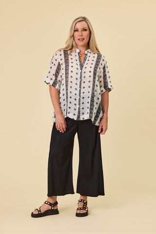 Florence swing shirt in white ramie with bold black print borders | Libertine The Label