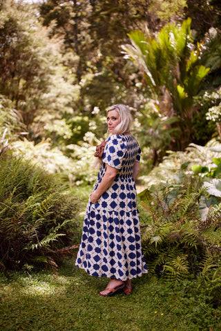 Sienna maxi dress in indigo shibori with shirred bodice and floaty open sleeves | Libertine The Label