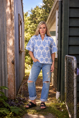 Evana, NZ size 12, wearing the Dylan Blouse in Cornflower embroidery — Libertine The Label