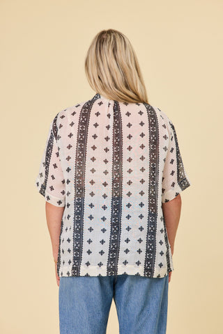 Florence swing shirt in white ramie with bold black print borders | Libertine The Label