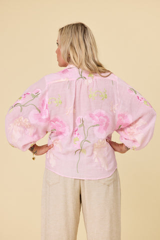 Belle Blouse in pink ramie with peony embroidery and balloon sleeves | Libertine The Label