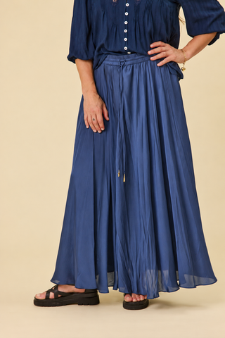 Sway Skirt in Indigo satin, full floaty maxi with shell-tipped ties — Libertine The Label