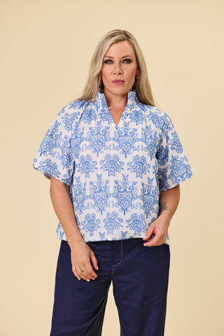 Dylan Blouse in Cornflower embroidery on Evana, NZ size 12 — Libertine The Label