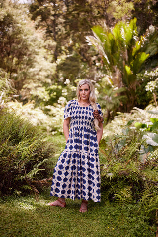 Sienna maxi dress in indigo shibori with shirred bodice and floaty open sleeves | Libertine The Label