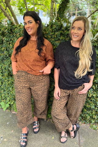 Bianca and Evana wearing the Sahara Barrel Jeans in Panther print — Libertine The Label
