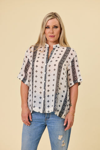 Florence swing shirt in white ramie with bold black print borders | Libertine The Label