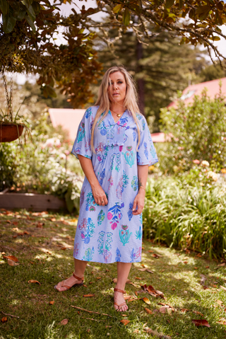 Evana wearing the Sunset Dress in Sky botanical | Libertine The Label