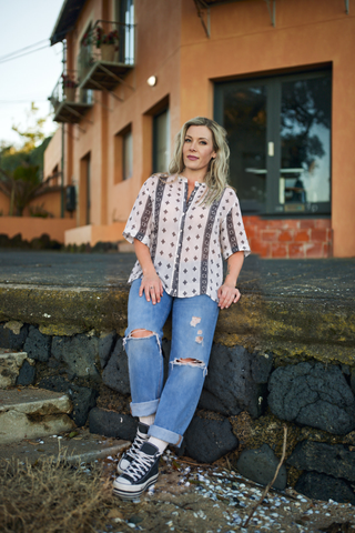 Florence swing shirt in white ramie with bold black print borders | Libertine The Label