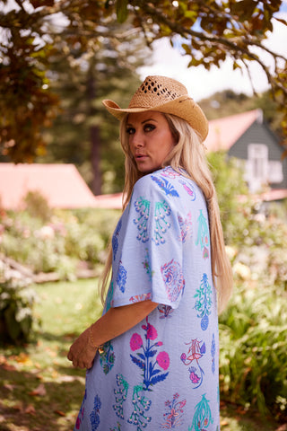 Sunset Dress in Sky botanical print | Libertine The Label
