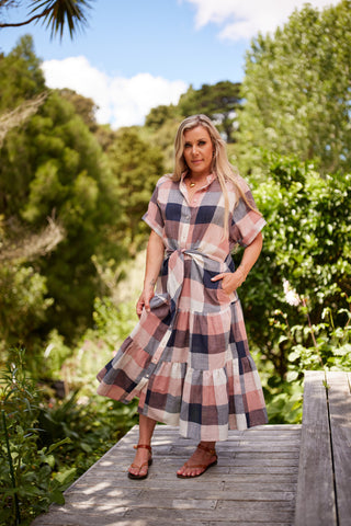 Holiday Dress in Indigo Bay check linen, tie waist and tiered skirt — Libertine The Label
