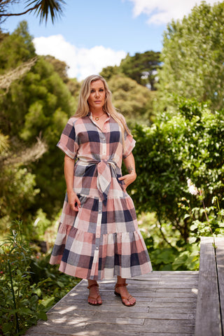 Holiday Dress in Indigo Bay check, front view with collar — Libertine The Label