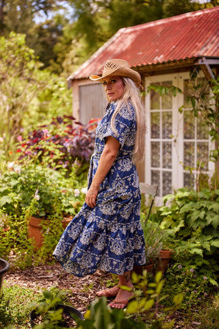 Holiday Dress in indigo embroidery, close-up of collar and sleeve — Libertine The Label