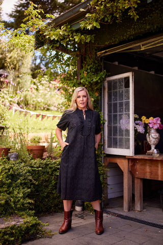 Belle Dress in black broiderie, full-length front view — Libertine The Label