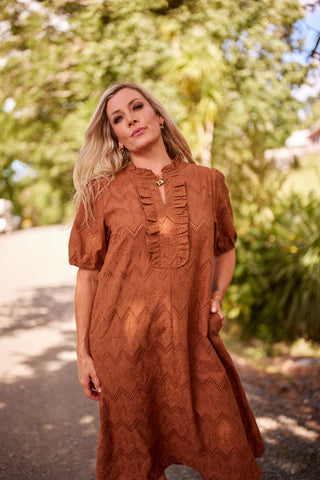 Belle Dress in hazelnut cotton broiderie anglaise, full A-line midi — Libertine The Label