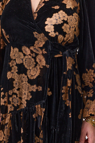 Black dress with gold floral patterns