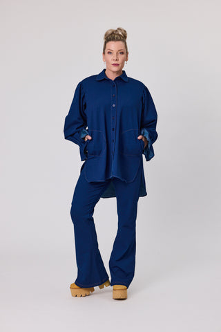 woman wearing stretch denim outfit