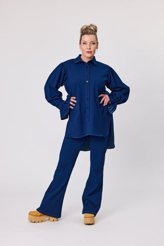 woman wearing stretch denim outfit
