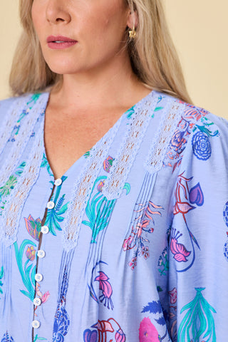 Atlas Blouse in Sky botanical on Evana, button-through front and swingy shape — Libertine The Label