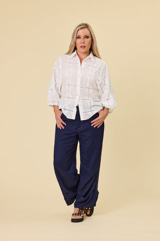 Belle Blouse in coconut embroidery, full front view — Libertine The Label
