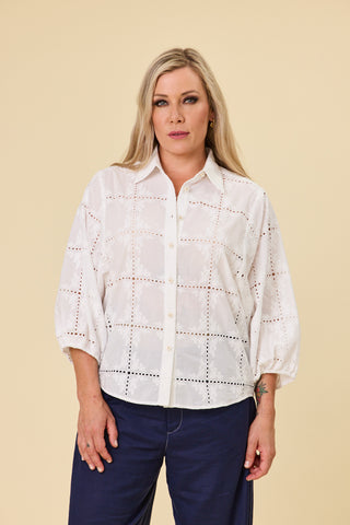 Belle Blouse in coconut cotton embroidery with cutwork eyelet and balloon sleeve — Libertine The Label