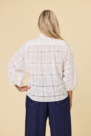 Belle Blouse in coconut embroidery, close-up of collar and buttons — Libertine The Label