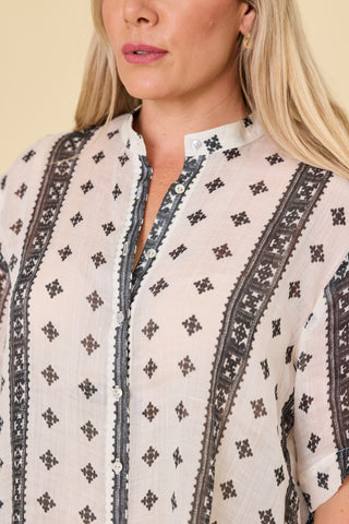 Florence swing shirt in white ramie with bold black print borders | Libertine The Label