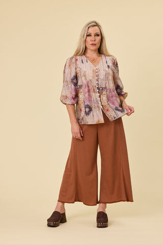 Voyager wide-leg pants in hazelnut stretch fabric with blanket stitch hem | Libertine The Label
