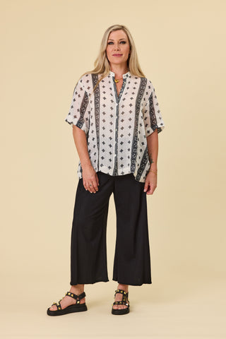 Florence swing shirt in white ramie with bold black print borders | Libertine The Label
