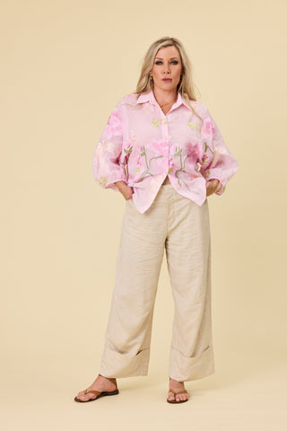 Sahara pants in champagne linen with hazelnut topstitch, wide leg — Libertine The Label