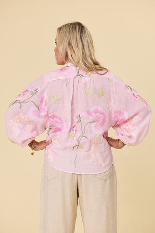 Belle Blouse in pink ramie with peony embroidery and balloon sleeves | Libertine The Label
