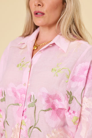 Belle Blouse in pink ramie with peony embroidery and balloon sleeves | Libertine The Label