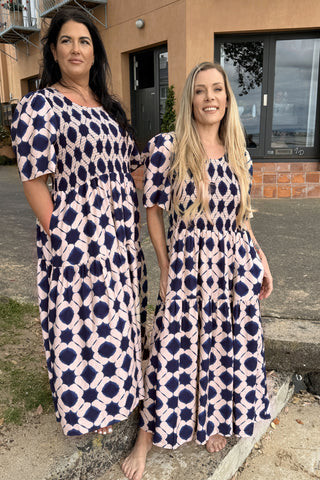 Bianca, NZ size 16 in our L, and Evana in our S, twinning in the Sienna Dress in indigo shibori | Libertine The Label