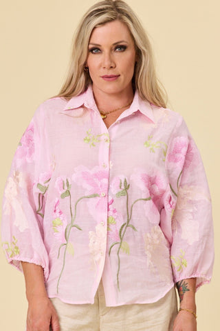 Belle Blouse in pink ramie with peony embroidery and balloon sleeves | Libertine The Label