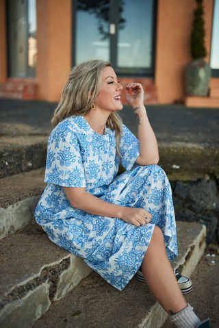 Devotion Dress in Cornflower: white cotton embroidered in cornflower blue, Libertine The Label