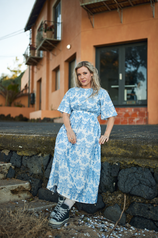 Devotion Dress in Cornflower, ankle length with a full skirt, Libertine The Label