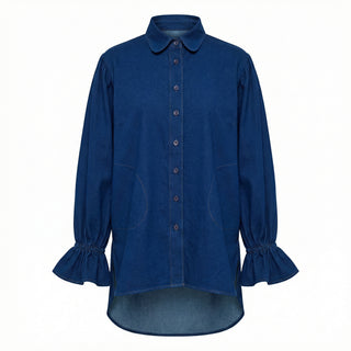Blue shirt with ruffled sleeves on a white background