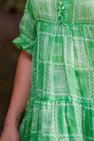 Eden Dress in Clover ramie, close-up of the bandana print — Libertine The Label