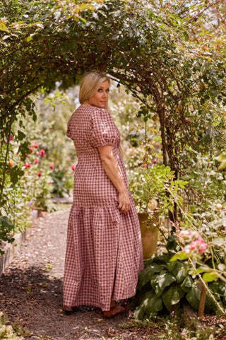 Back view of the marshmallow and choc latte seersucker cotton wrap maxi dress, showing the bias cut waist panel and deep hem frill.