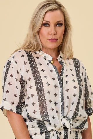 Florence swing shirt in white ramie with bold black print borders | Libertine The Label