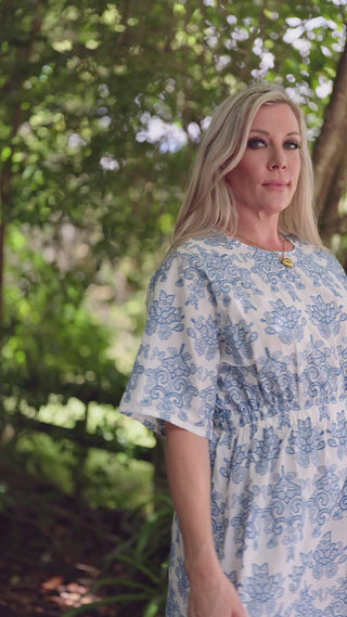 Video of Evana, NZ size 12, moving in the Devotion Dress in Cornflower embroidery — Libertine The Label