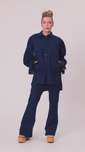 woman wearing stretch denim outfit