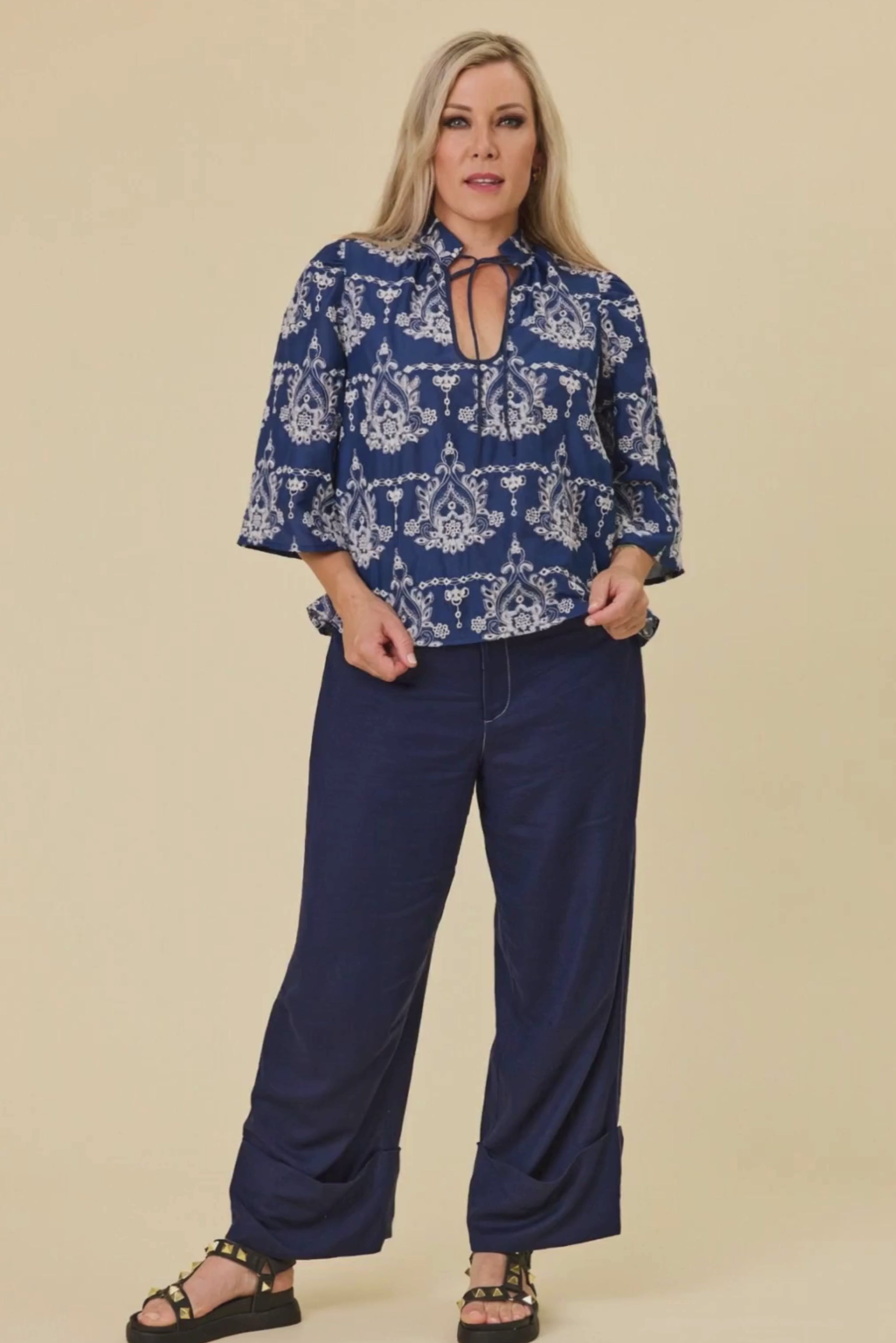 model wearing devotion embroidery indigo + sahara indigo pants